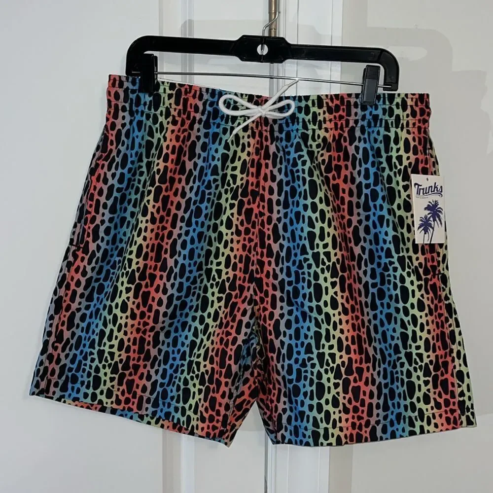 New Trunks Surf & Swim Co 3 Pocket Rainbow LBGTQ Leopard Print Lined Swim Shorts
